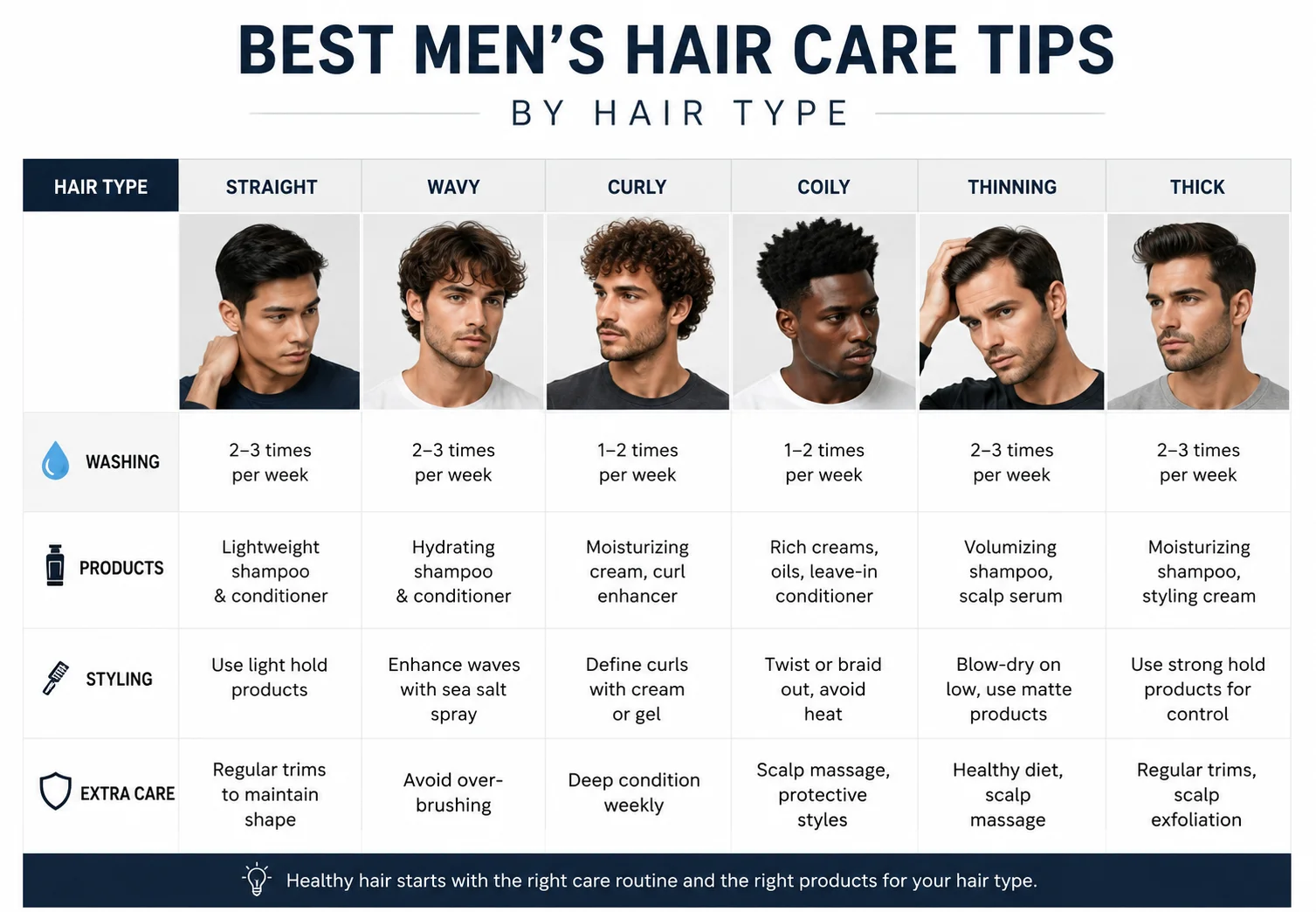 Hair care tips chart for men by hair type, including straight, wavy, curly, coily, thinning, and thick hair, with guidance on washing, products, styling, and extra care.